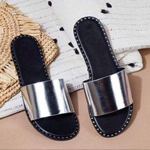 Metallic Slide Sandals with Studs in Silver